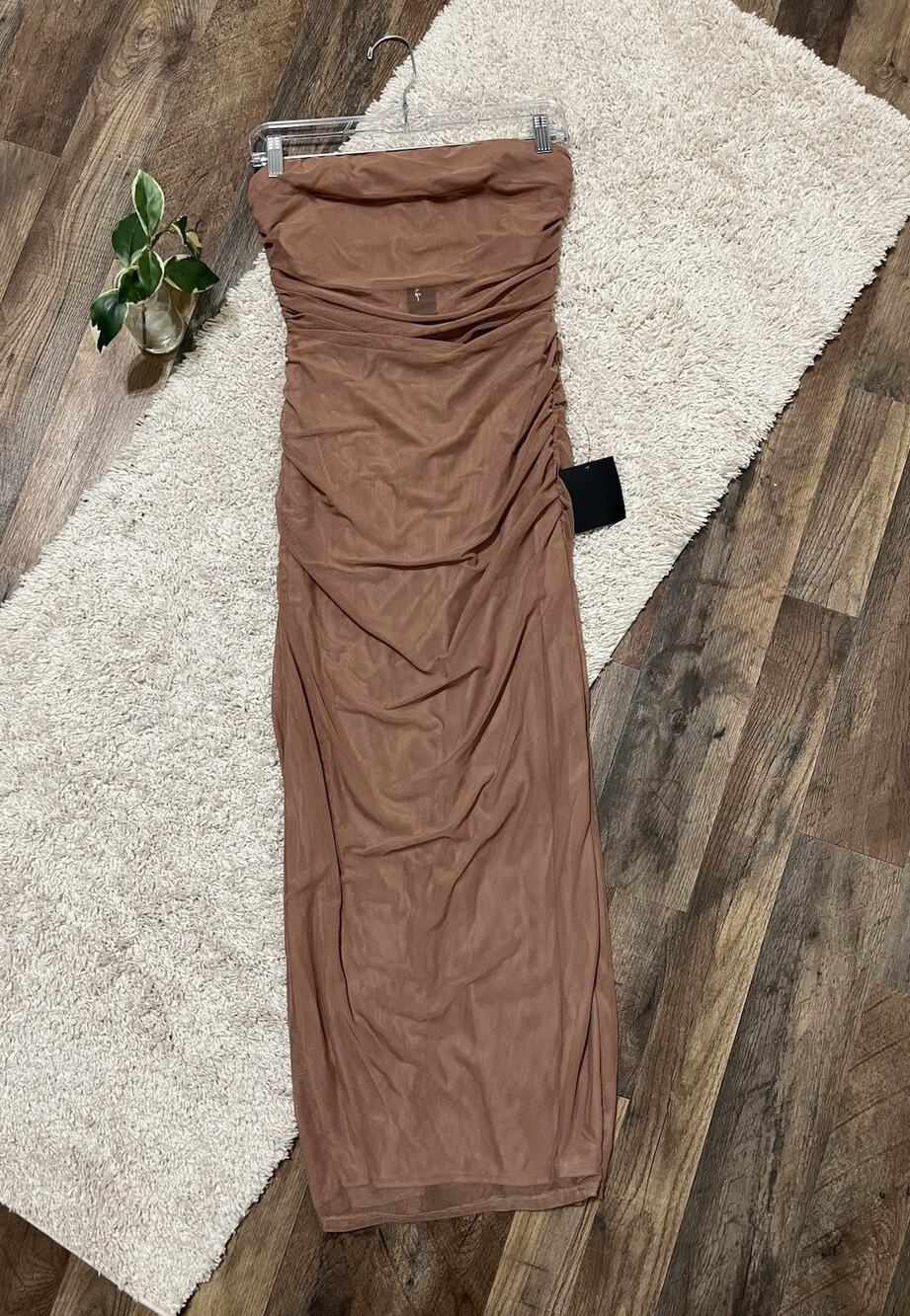 Lulus Size Large Brown Mesh Ruched Utterly Attractive Midi Dress NWT